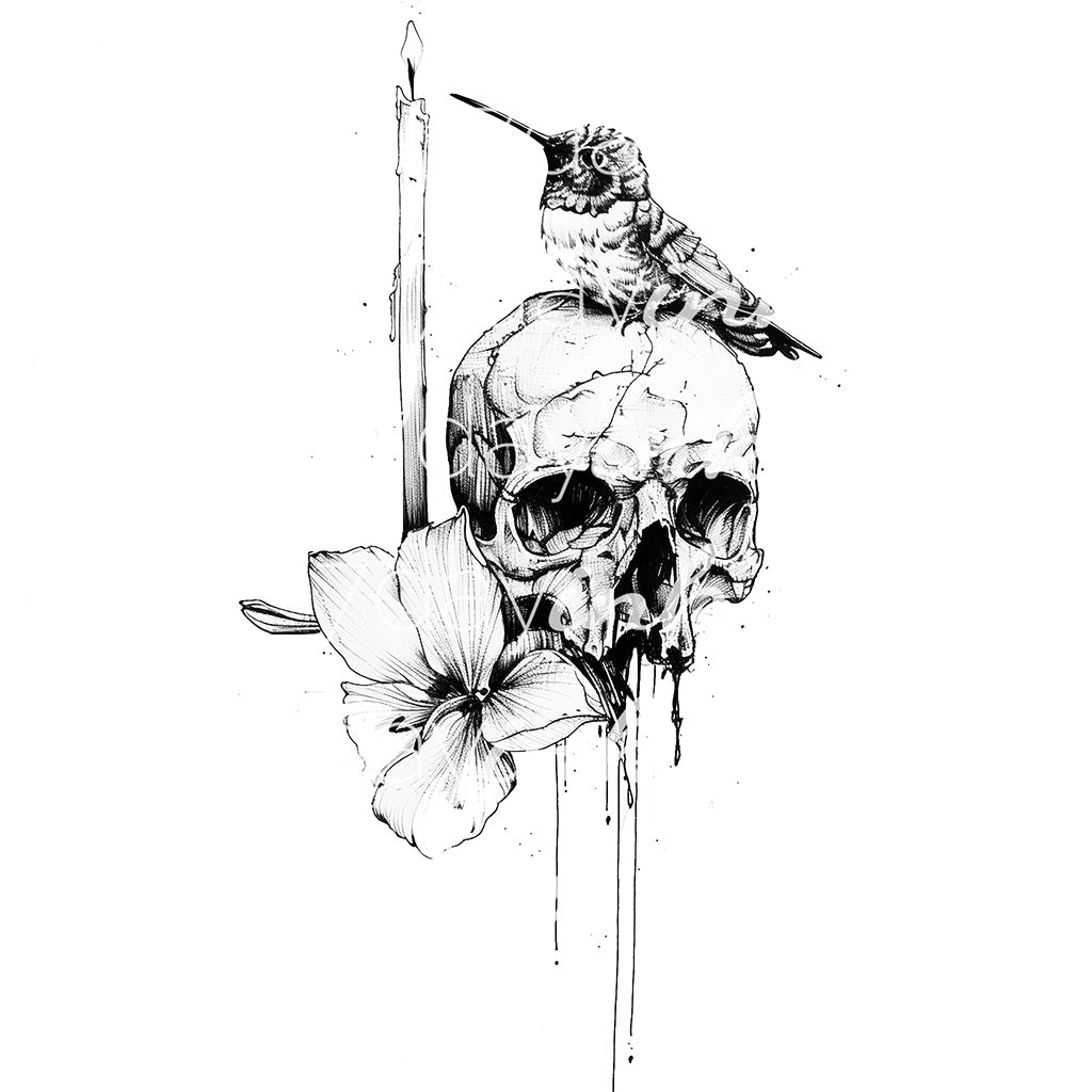 Hummingbird sitting on Skull