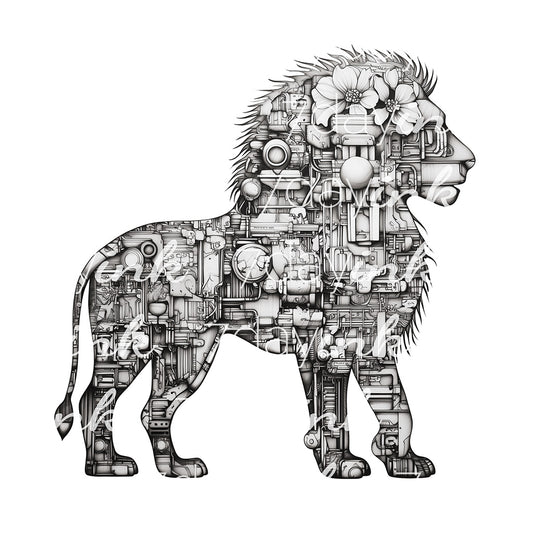 Lion with Circuit Board and Flowers