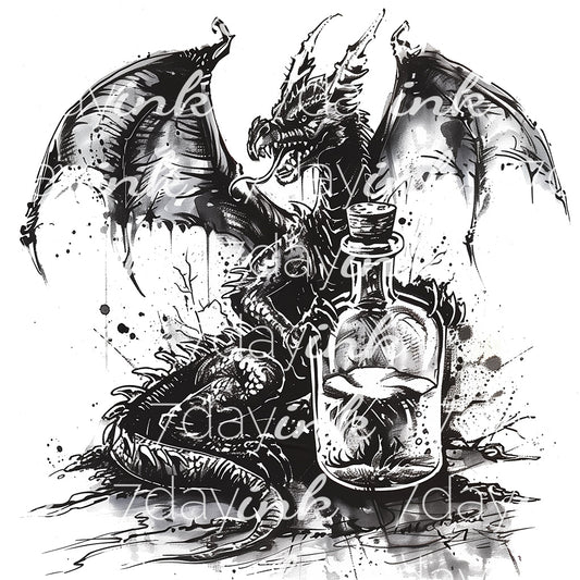 Sketchstyle Dragon with Ink Bottle