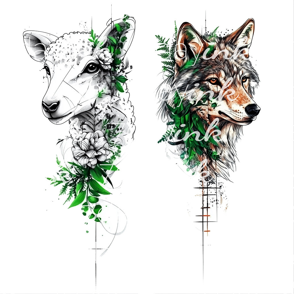 Wolf and Sheep Watercolor Duo