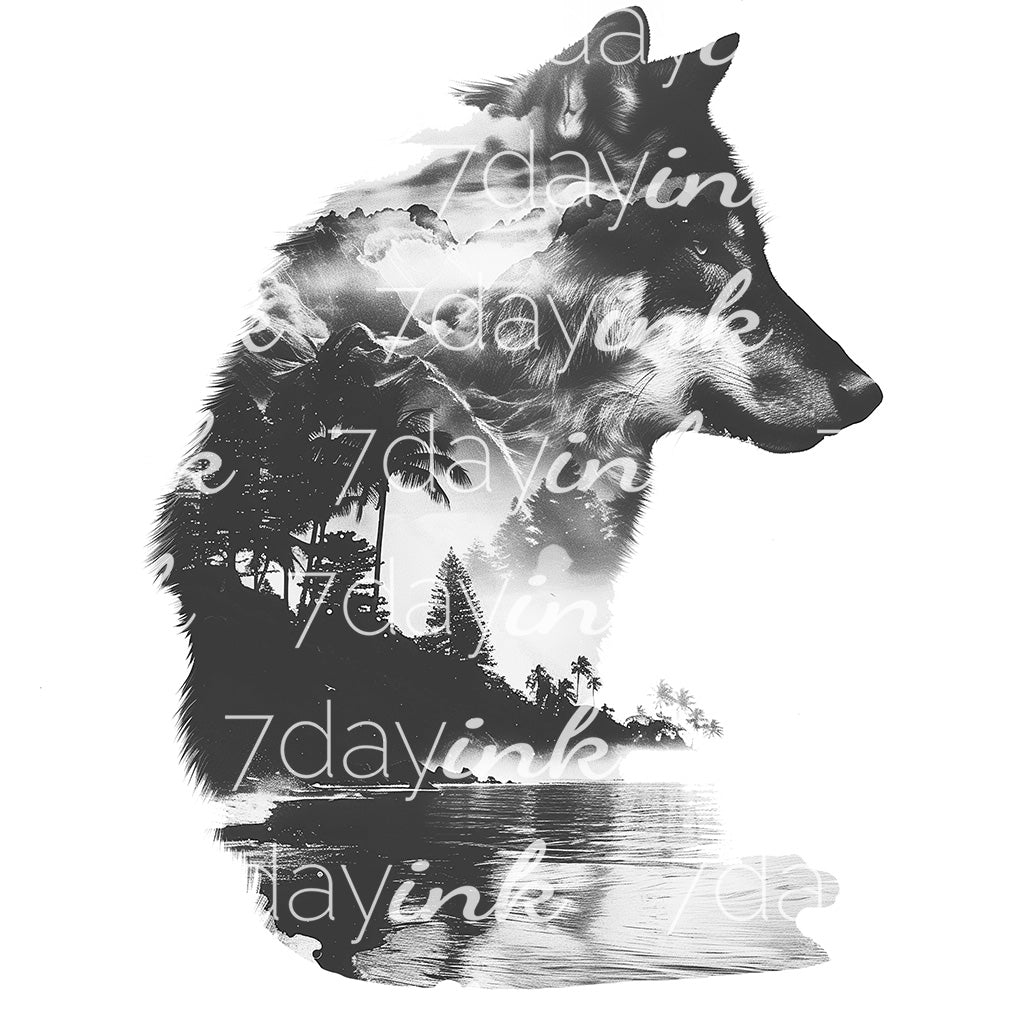 Wolf with Beach Double Exposure