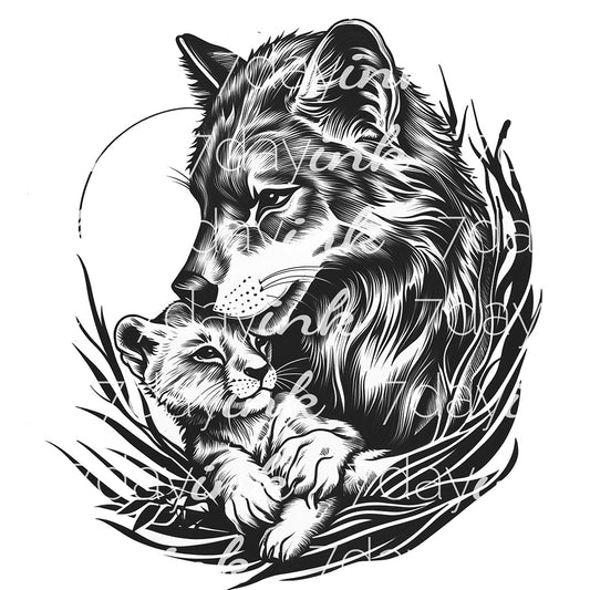 Wolf with Lion Cub