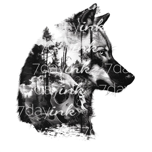 Wolf with Skull Double Exposure