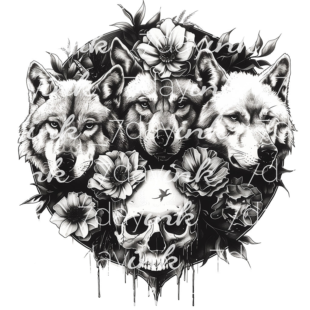 Wolves, Flowers and Skull